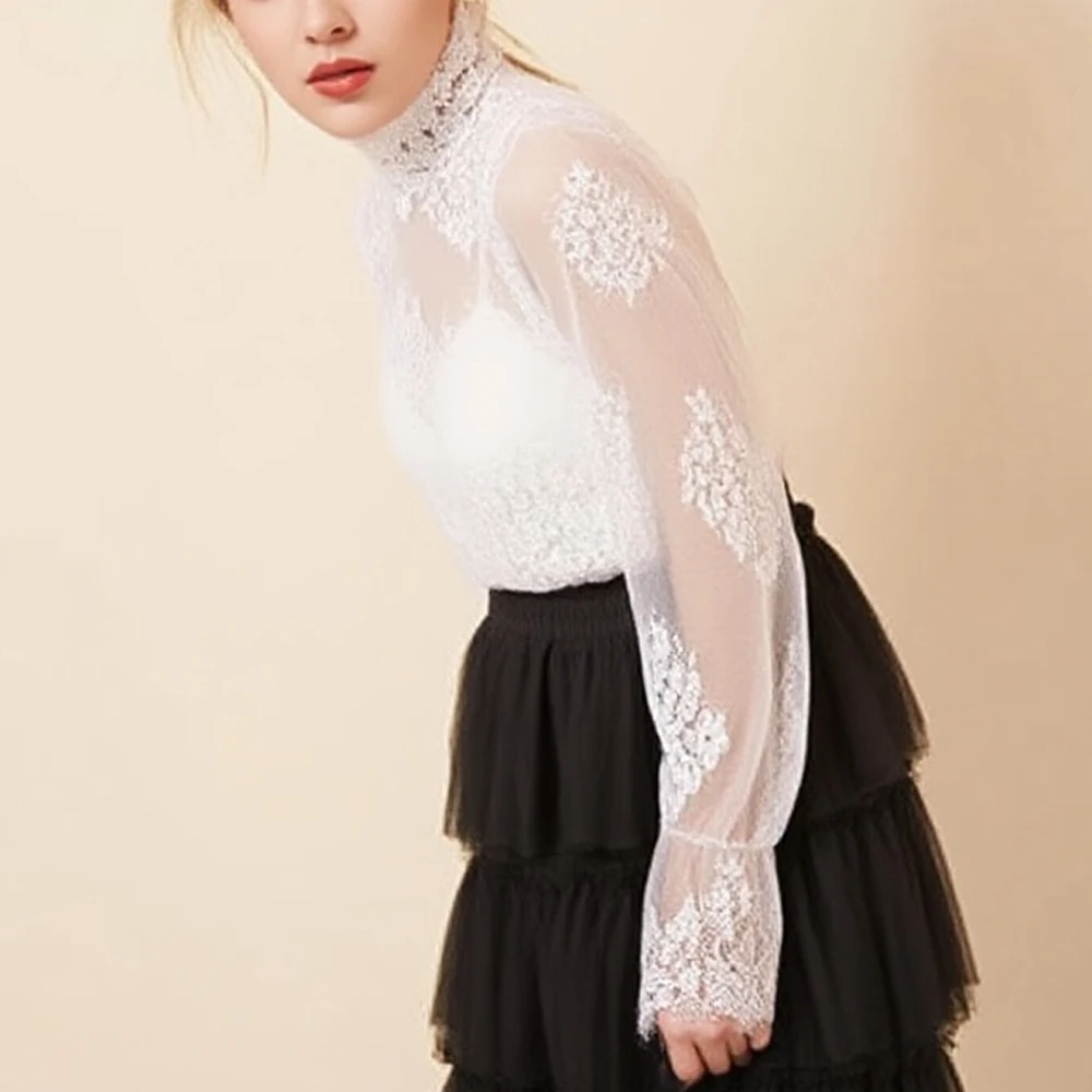 

New Trumpet Sleeve Mesh Gauze Hollow T-Shirt Flower Lace Shirt Bottoming All-match S-L Elegant Breathable Cheaper Tops T Shirt