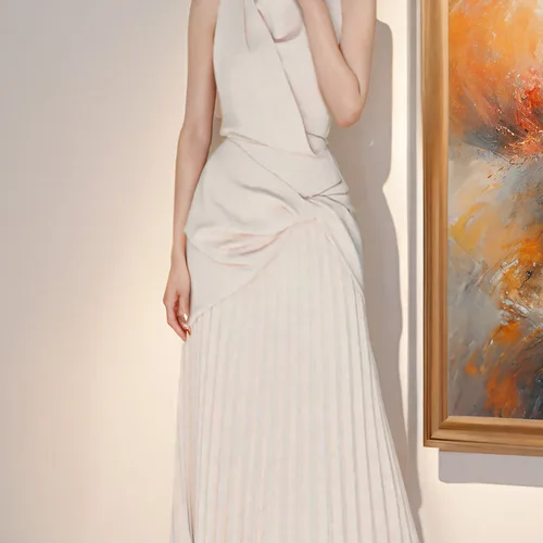 DEAT 여성용 민소매 폴드 불규칙 원피스, 하프 터틀넥, 단색 파티 드레스, 2024 여름, 15KB3452, 신상 아이템 Best5 DEAT 여성용 민소매 폴드 불규칙 원피스, 하프 터틀넥, 단색 파티 드레스, 2024 여름, 15KB3452, 신상 아이템 Best5