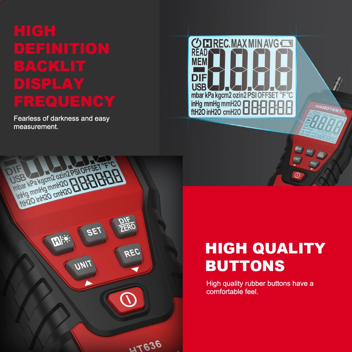 HT636 Digitales Manometer Druckmessgerät Handgehaltener Differenzdruckdetektor Luftdruck-Kit Detektor-Messgerät 12 Einheiten – Detail 11
