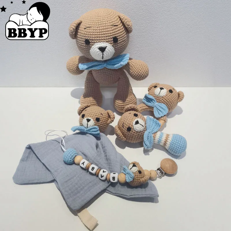 Knitted Bear Baby Teether kawaii Kintted Stuffed Animal Toy Beech Wood Newborn Teether Ring Pacifier Clip Baby Amigurumis Doll