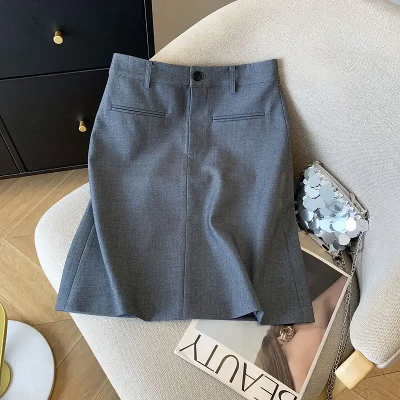 Women's A Line Suit Skirt High Waist Midi Skirt Slim Fit Casual Office Wear for Pear Shaped