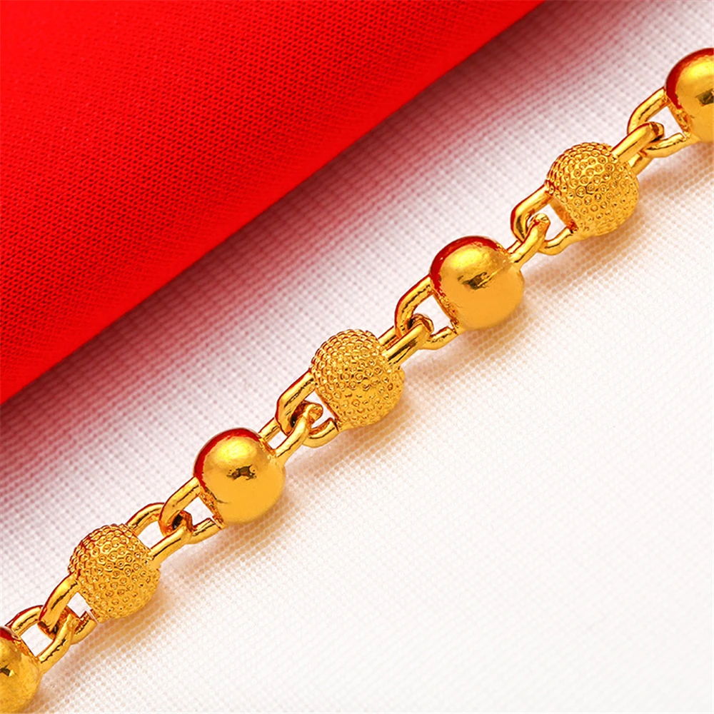 Yellow Gold Plated Charm Bracelets For Women 6mm Smooth Beaded Chain Bracelet Pulseira Femme Wedding Jewelry Party Gift Bijoux