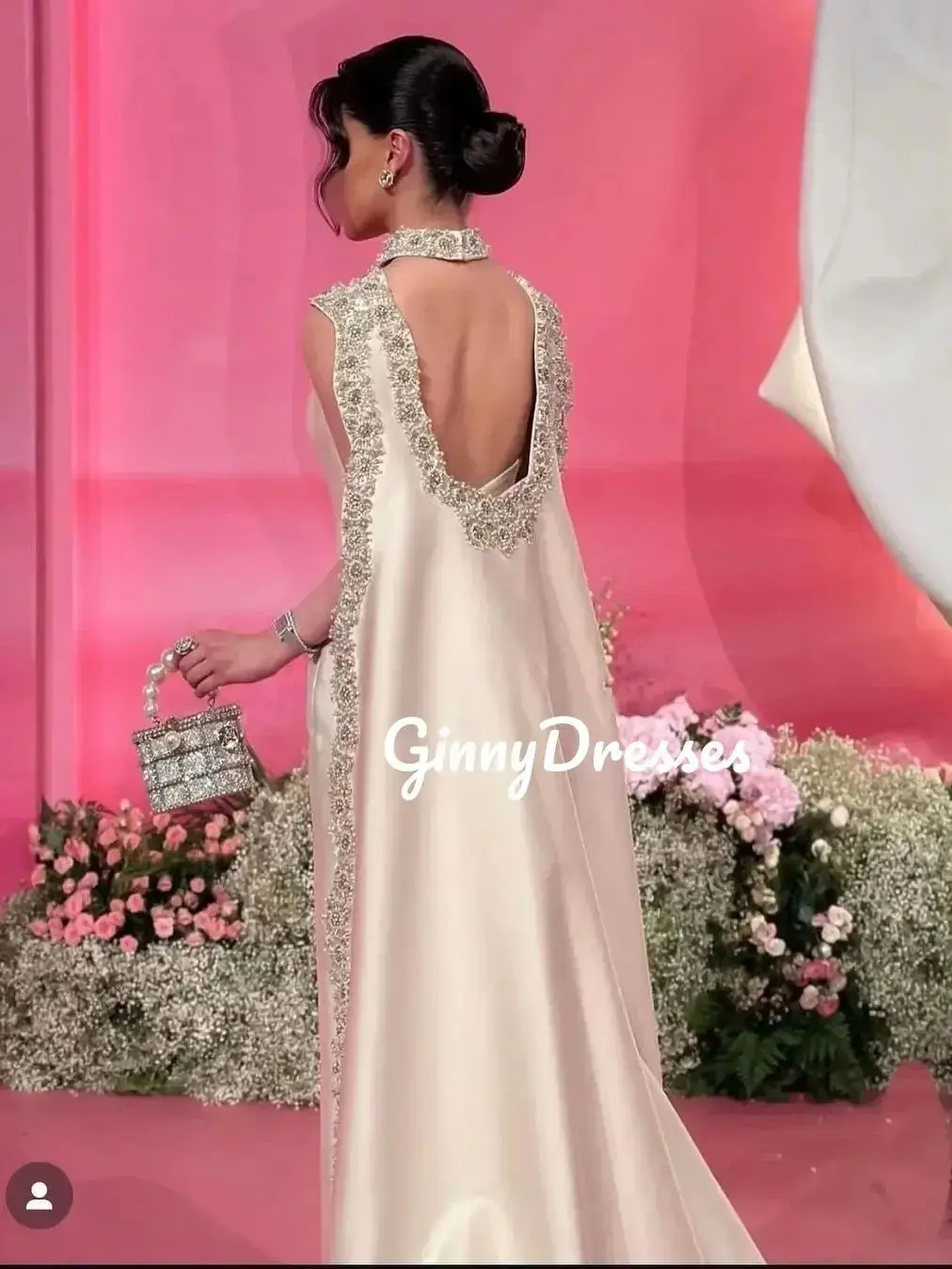 Satin Gorgeous Customized Column Halter Dresses For Special Events Floor-Length Beadings Zipper Up Dresses For Prom Sleeveless