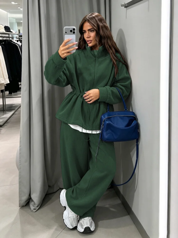 Womens Colorful Fleece Two Piece Set Zip Front Drawstring Waist Pocket Coat Fall Winter Work Daily Streetwear Trendy Outerwear