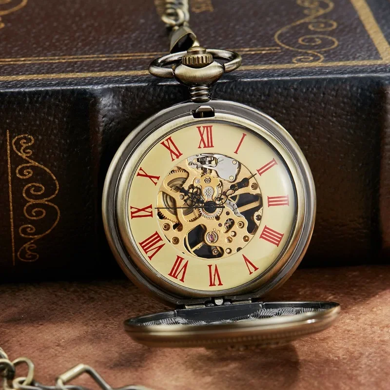 Retro personality hand-operated mechanical pocket watch with half hollow dragon pattern