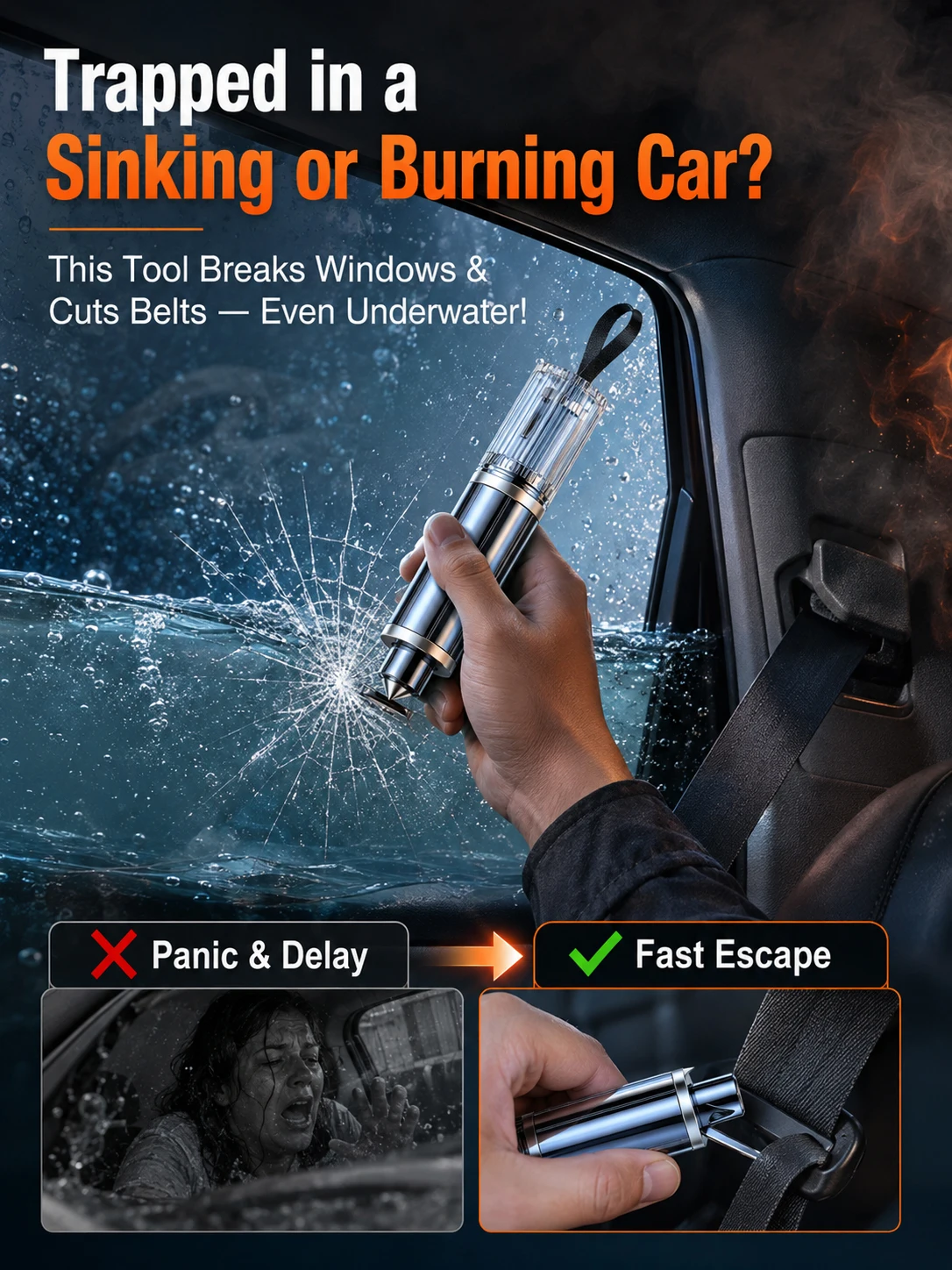 2 in 1 Car Window Breaker and Seat Belt Cutter, Tungsten Steel Emergency Escape Safety Hammer view 2