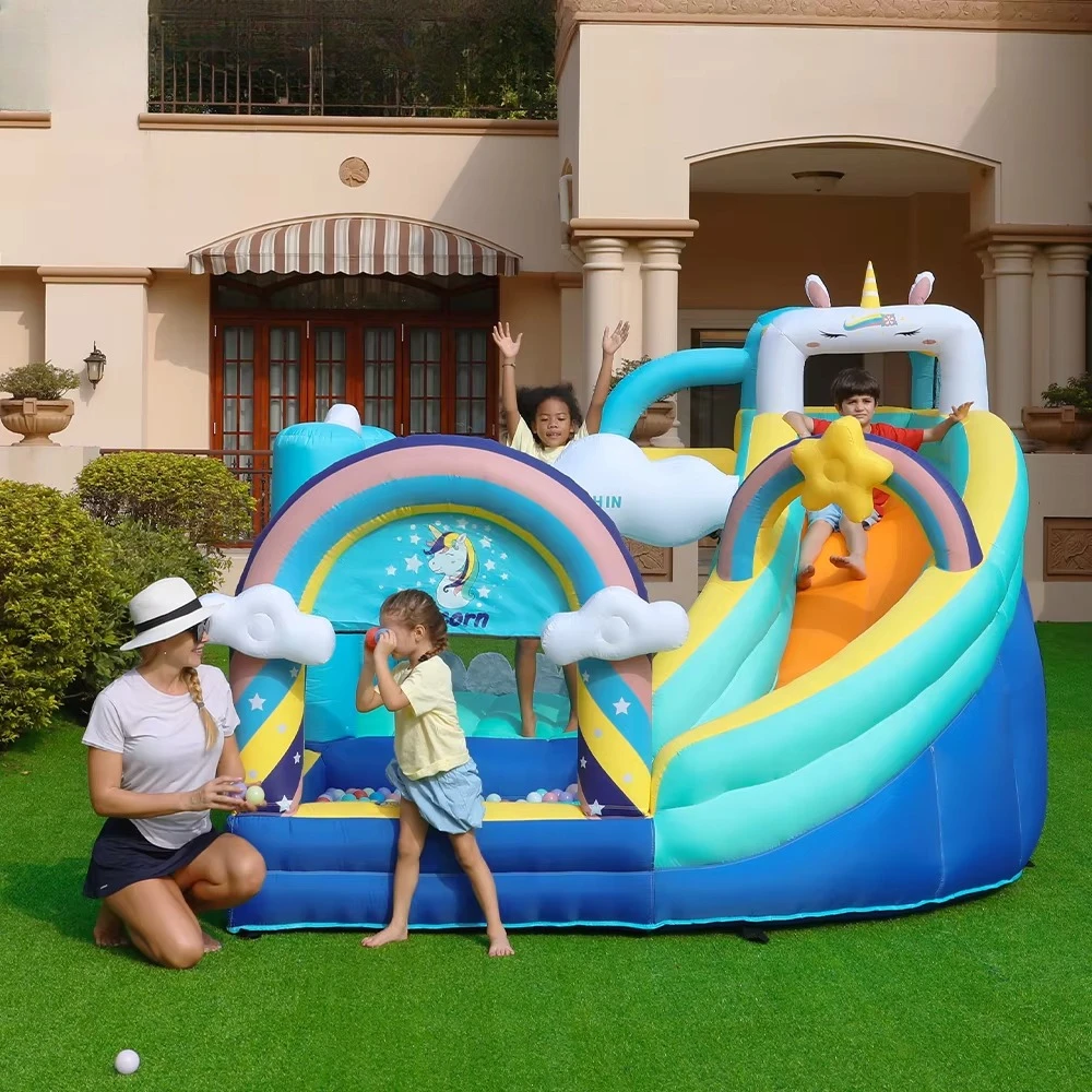 

Outdoor Kids Inflatable Unicorn Bouncer House Bouncy Bouncing Jumping Castle Slide With Climbing Wall Bounce House