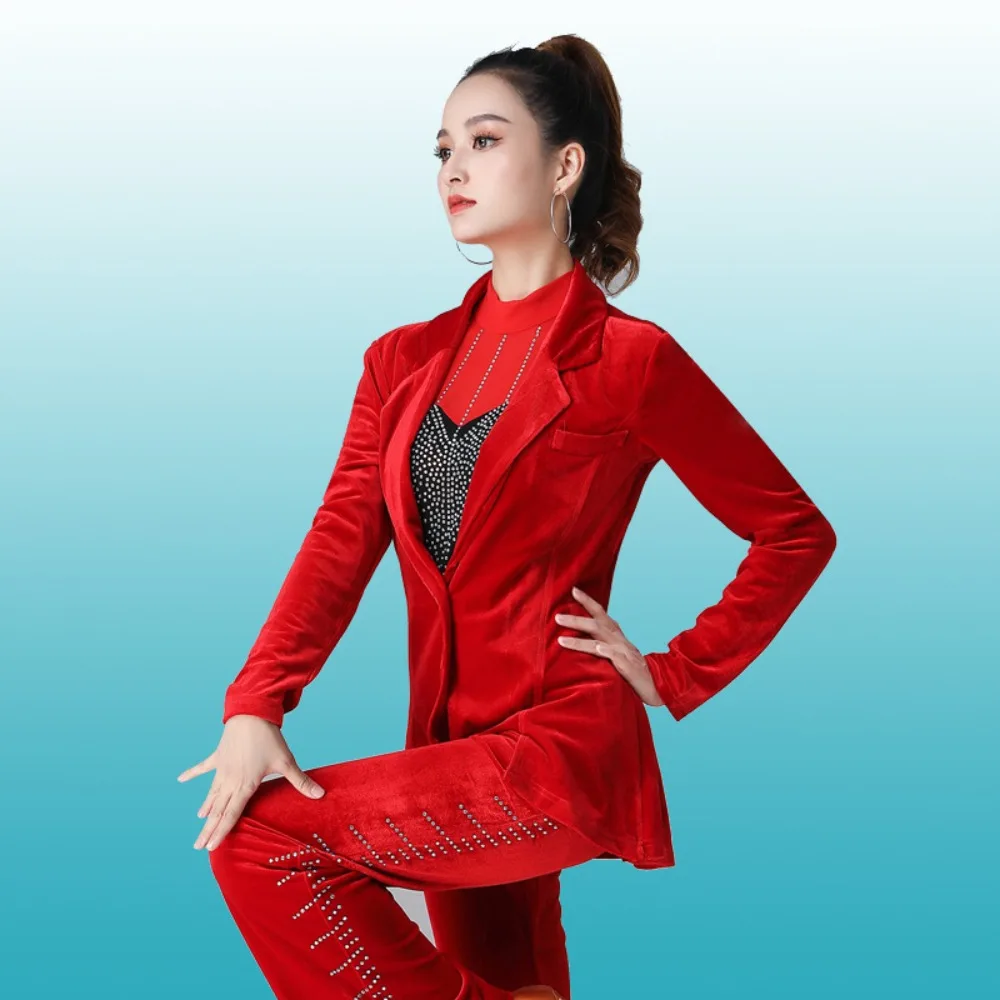 Women Red Coat Latin Dance Top Long Sleeved Balloom Modern Dancewear Pants for Stage Performance Outfit Matching Customized