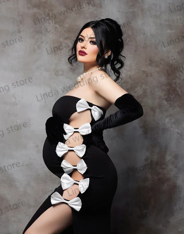 사진 촬영을위한 블랙 맞춤형 출산 가운 활이있는 Strapless 인어 칵테일 드레스 섹시한 민소매 베이비 샤워 가운