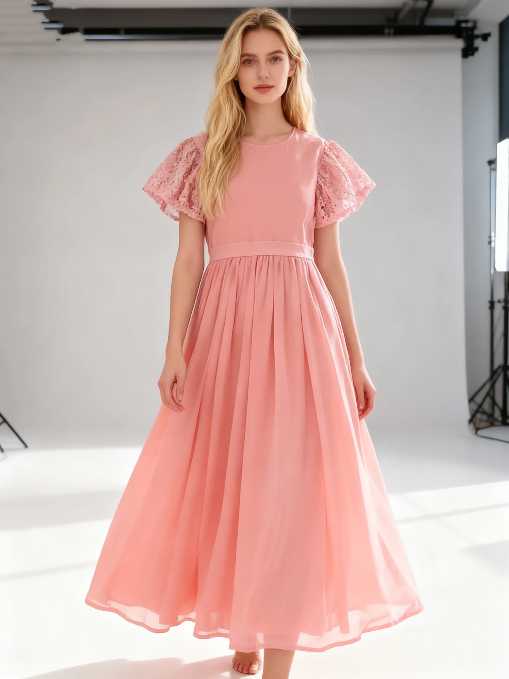 Sommer Mädchen Rundhals Fliegende Ärmel Einfarbig Prinzessin Kleid Mit Cinched Taille Zu Zeigen Abnehmen Temperament Kleid