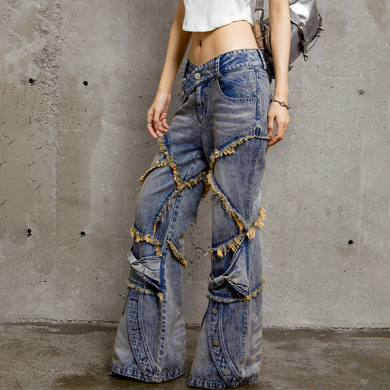 Millennium  Bow Jeans High Street Fashionable Hip Hop Retro Distressed Heavy Women's Bell-Bottom Pants Loose Street Trousers