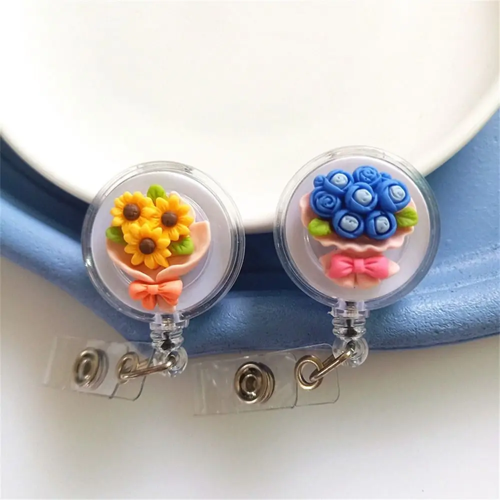 Flowers Resin Retractable Badge Reel Nurse Doctor Student Exhibition ID Card Clips Badge Holder Stationery Flora