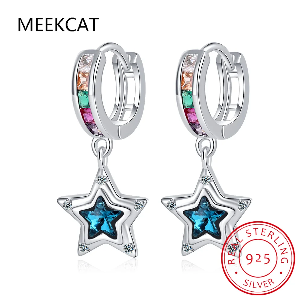 Baby Princess 925 Silver Blue Crystal Star Hoop Earring For Child Girl Women Rainbow Zirconia Loop Huggies Earring Korea Jewelry