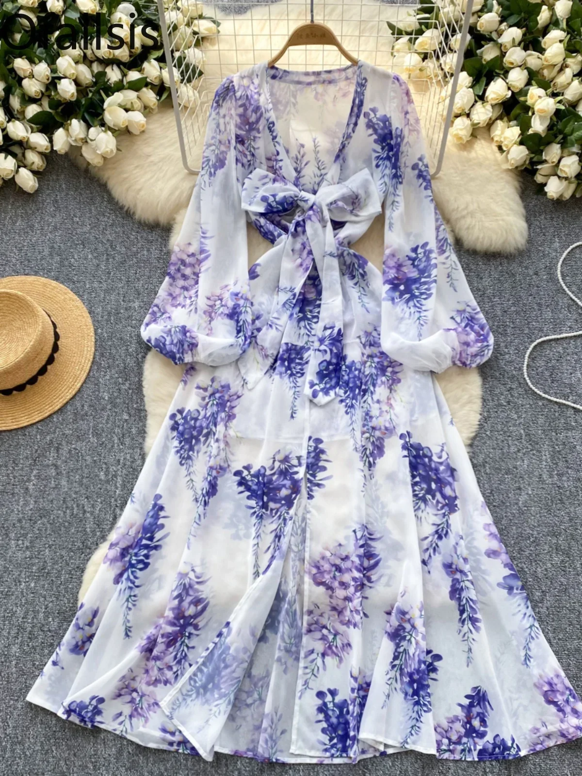 Ofallsis French Style High end Deep V neck Bow Tie Lantern Sleeves Dress 2024 Autumn New Waist Slimming Floral Chiffon Dresses