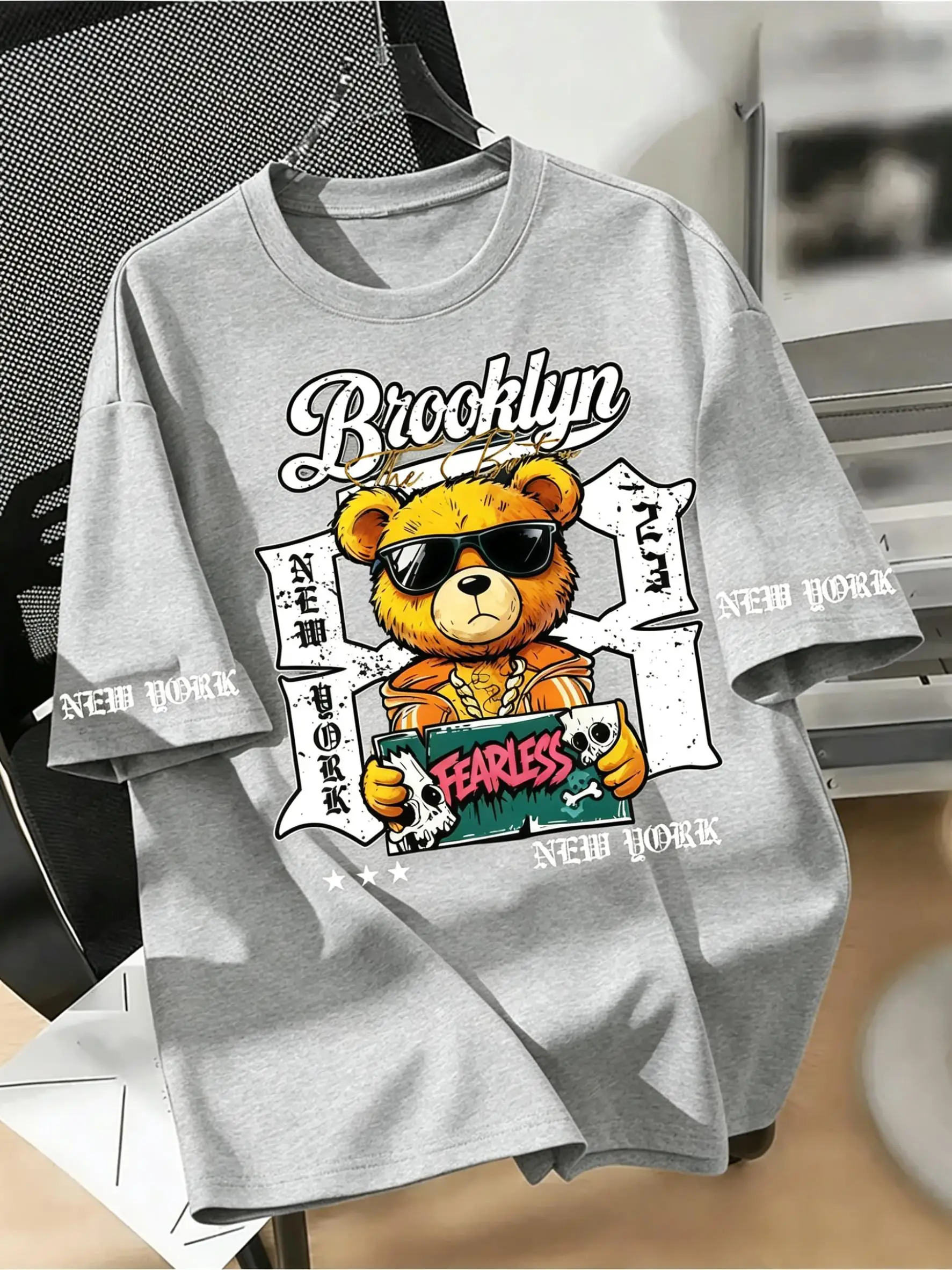 European and American men's summer Brooklyn bear print comfortable and breathable round neck T-shirt outdoor street top