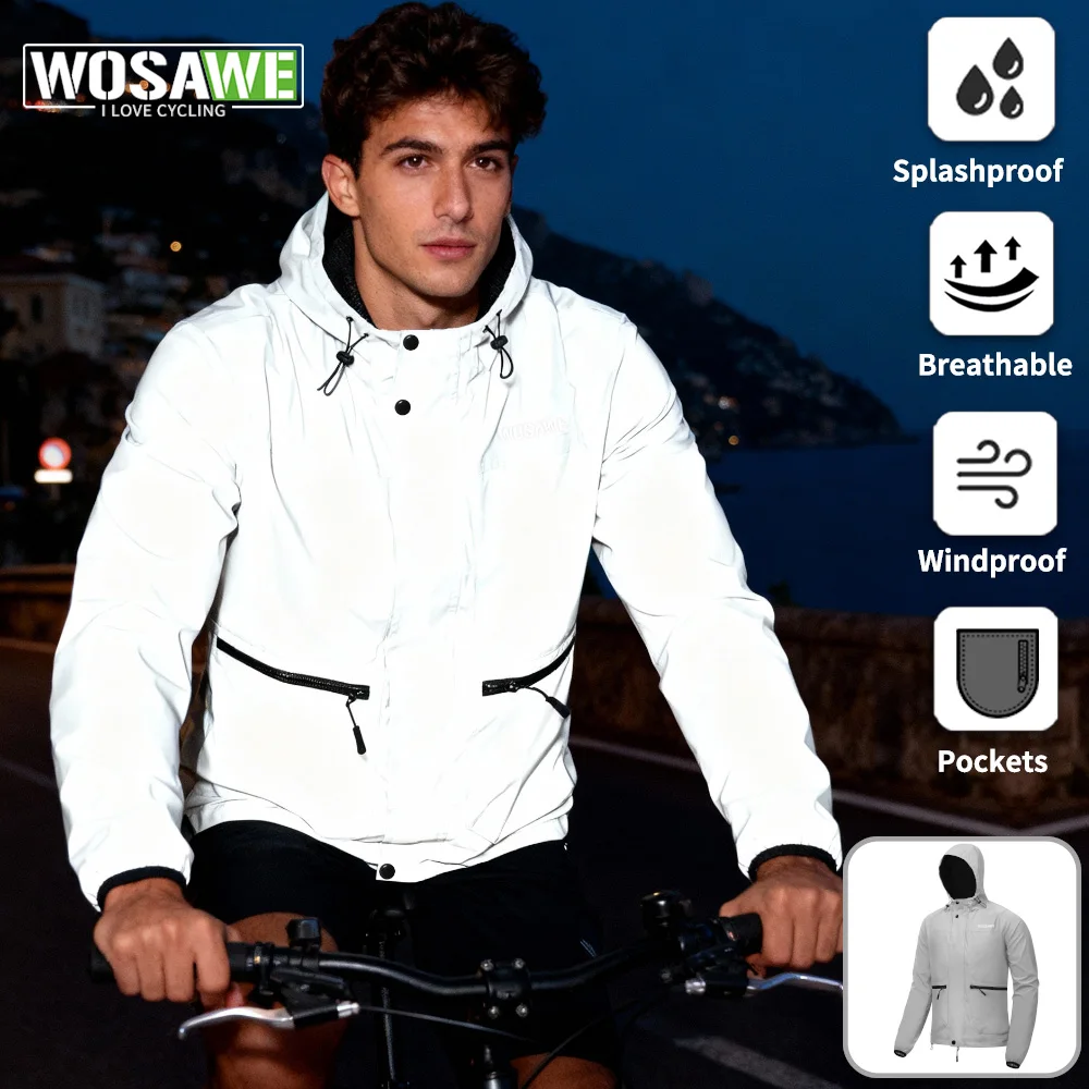 

WOSAWE полностью светоотражающая куртка, толстовка с капюшоном высокой видимости, ветровка, светящийся бомбер, унисекс, защитный жилет для пешего туризма, велоспорта и бега