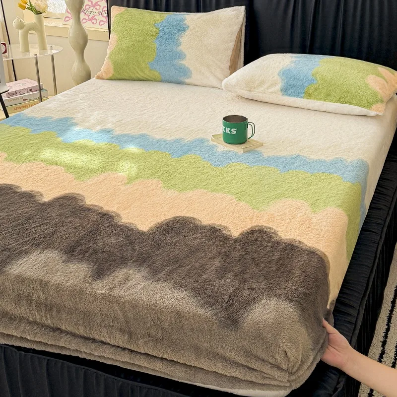 Dopamine Rabbit Plush Mattress Cover Single Piece Autumn and Winter New Plush Thickened Fitted Sheet Protective Cover
