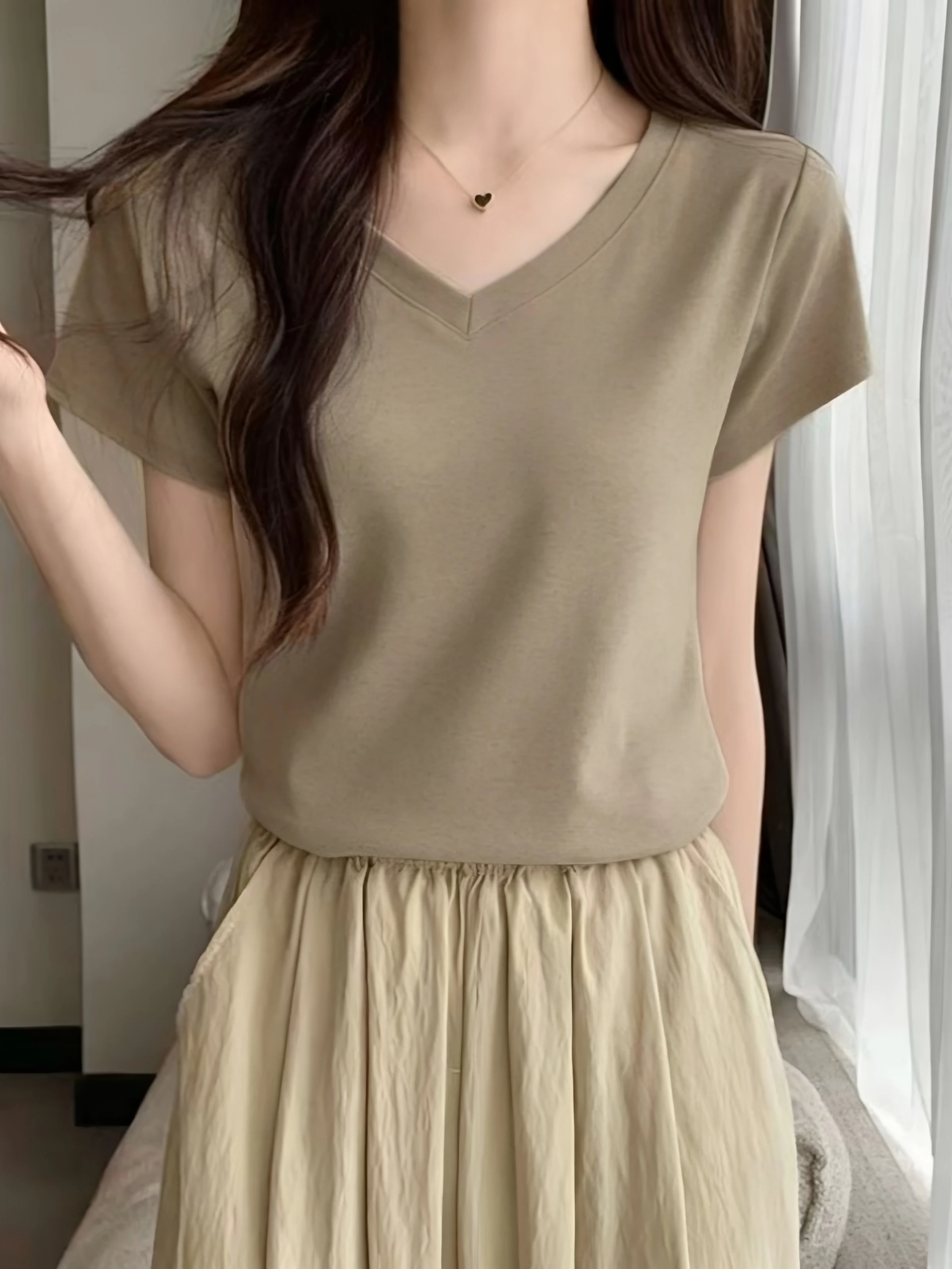 Summer Slim Fit Short Sleeve T-Shirt Women's Large Size Cotton 95% V-Neck Elastic Bandage Top Thin Versatile Casual Wear