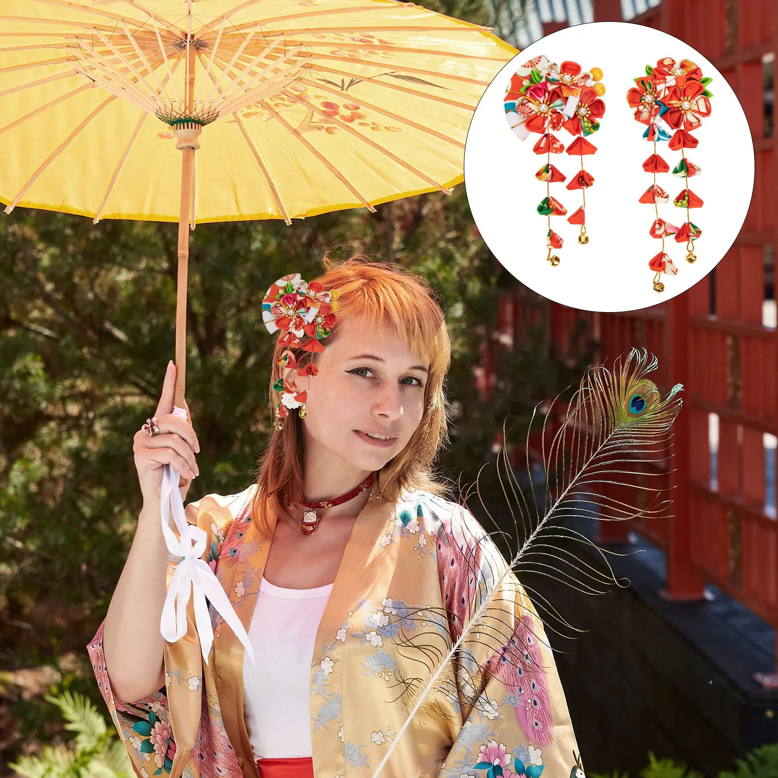 2Pcs Elegant Japanese Style Flower Fan Hairpins with Tassels Lightweight Secure Hold Hair Accessories for Daily Use Special