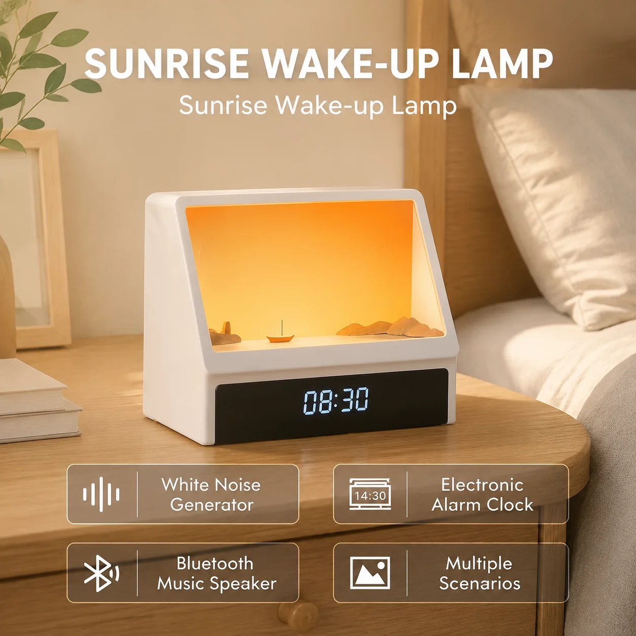 Sunrise Wake Up Alarm Clock White Noise Sleep Aid Light Bluetooth Speaker Soothing Sound Night Light for Table Bedroom Decor