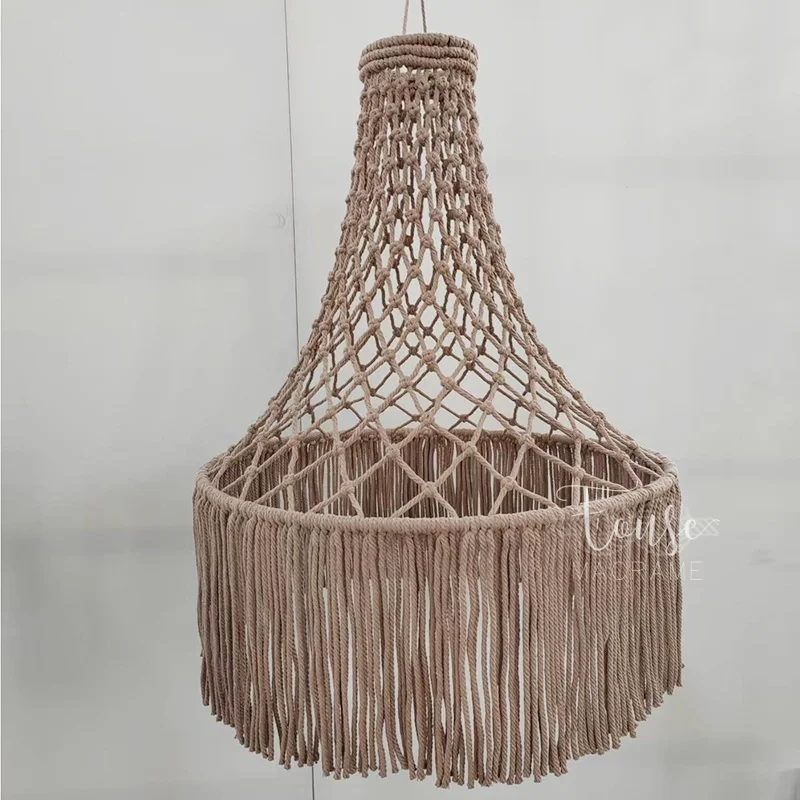 Artistic Macrame Pendant Light Shade Handmade Cotton Rope Tassel Hanging Lamp for Cafe Home