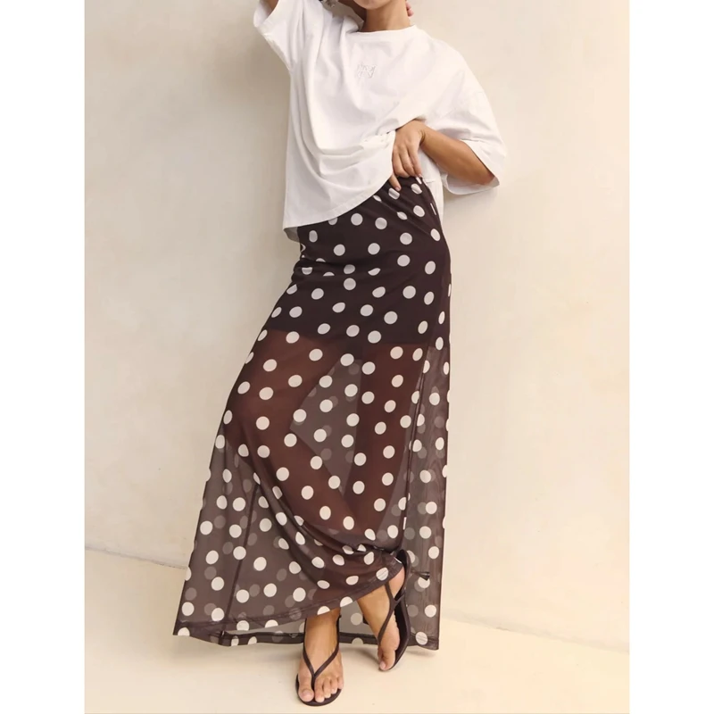 

Женская летняя винтажная длинная юбка с принтом в горошек Y2k, эластичная сетчатая юбка с высокой талией, прозрачные многослойные юбки трапециевидной формы