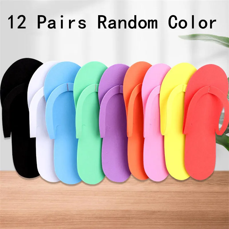 

Wholesale 12 Pairs Random Color Disposable Foam Slippers Pedicure Slippper For Salon Spa Hotel Pedicure Foot Flip Flop Slippers