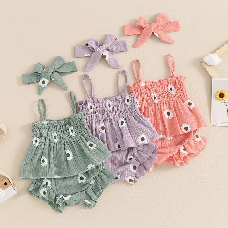 

Baby Girls Shorts Set, Spaghetti Straps Pleated Flower Print Camisole with Shorts and Hairband Summer Outfit