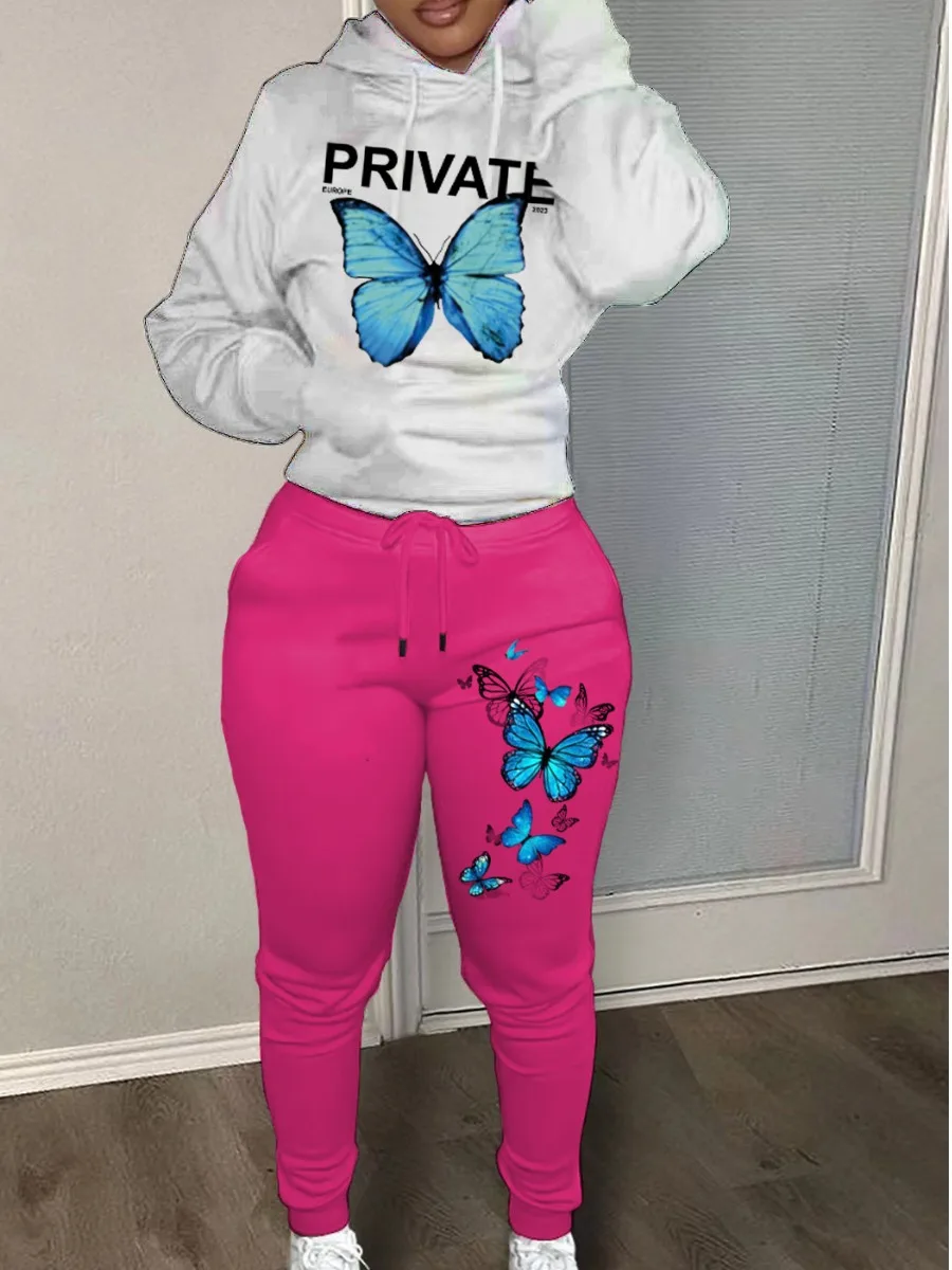 Conjunto de chándal de dos piezas con estampado de letras de mariposa, chándal con bolsillo de canguro, Sudadera con capucha y pantalones de chándal