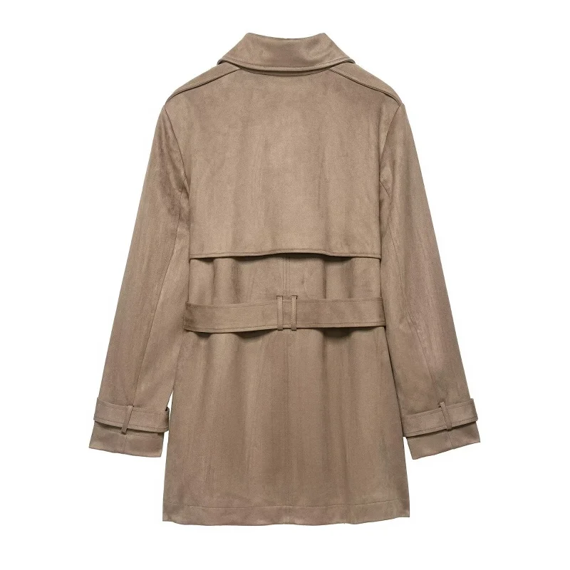 KEYANKETIAN Autumn And Winter New Women's Windproof Lapel Double Row Buckle Lace up Suede Windbreaker Women Leather Jacket Long