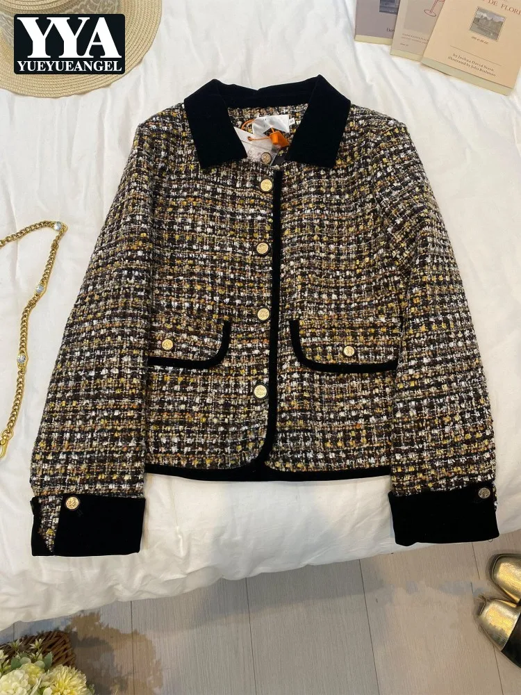 2026 Autumn Winter Ladies Tweed Down Jacket Womens Single Breasted Padded Coat French Casual Short Outerwear Lapel Warm Jackets