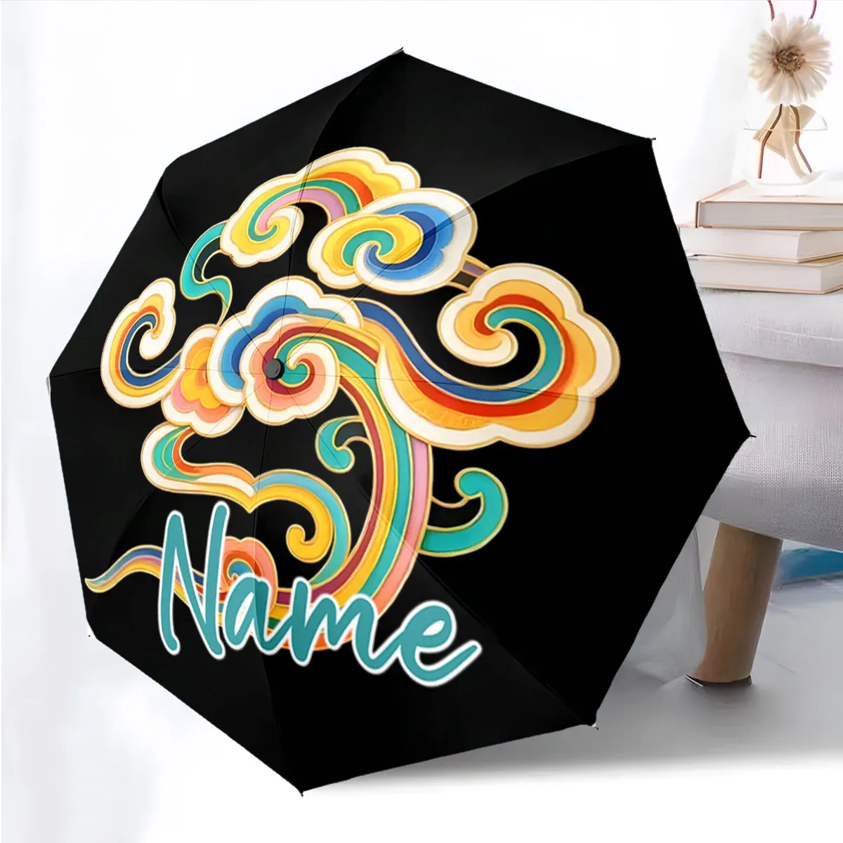 Custom Name Stylish Umbrella with Vibrant Cloud Design Print 8 Iron Ribs Folding Umbrella, Auto-Open Fashion Sunshade