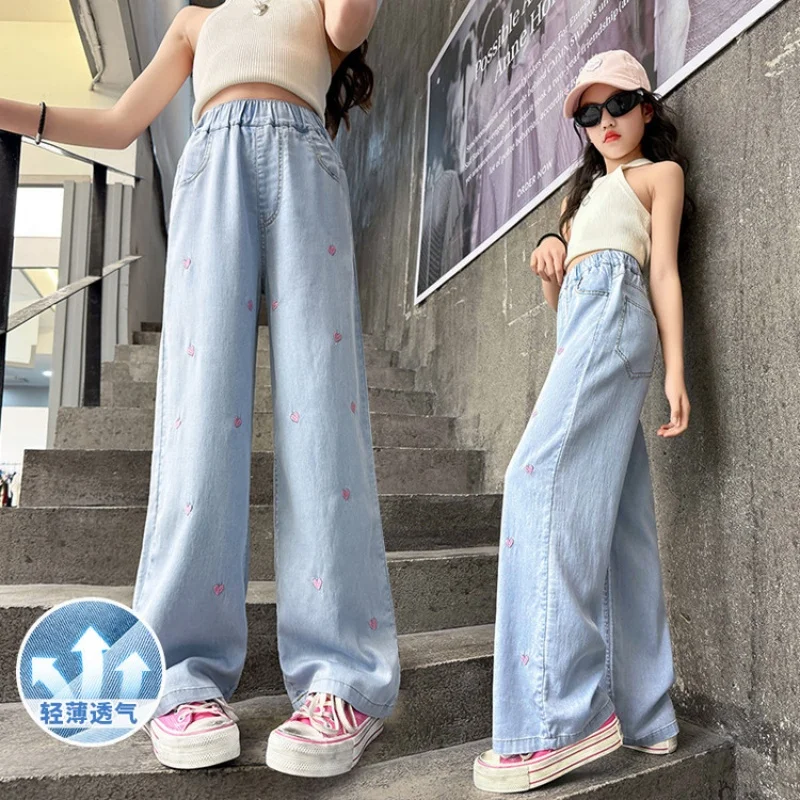 

Girls' Embroidered Denim Jeans. Slim Straight-leg Pants. New Summer Model for Teens. Spring/Summer Style.