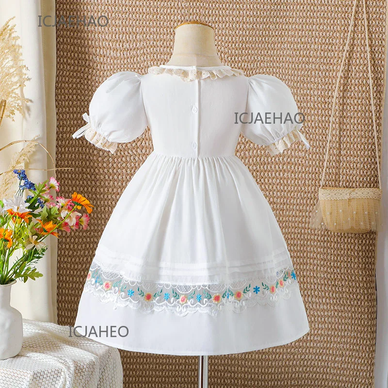 Teen Girl Clothes 2025 Children Girls Puff Sleeve Dress Costume Kids Cotton Floral Bow Embroidery Sweet Princess Summer Dresses