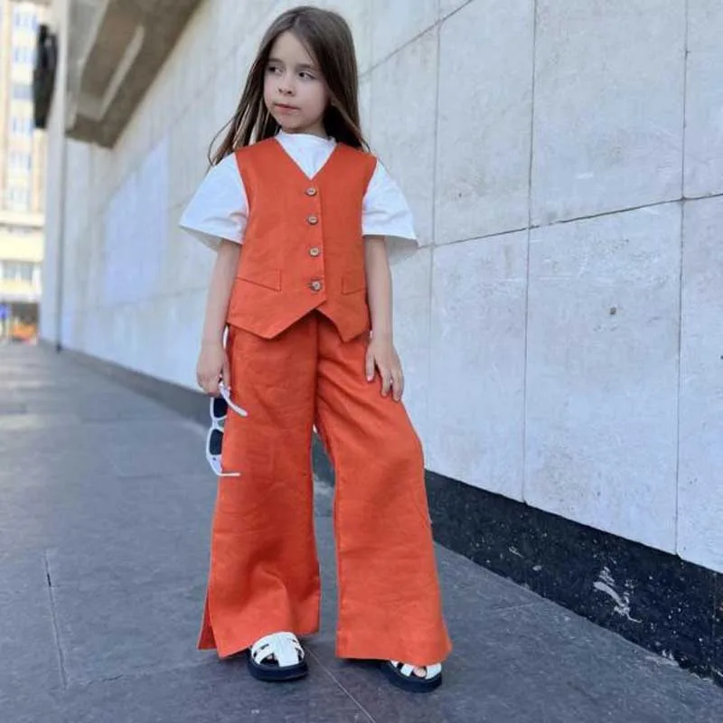 2024 Eastern European Girls' Summer Breathable Fashion Vest+Wide Leg Flared Pants Two Piece Set Temperament Children's Suit