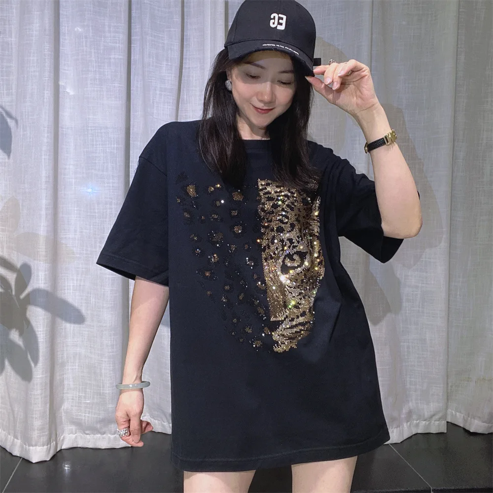 Leopard Head O Neck Short Sleeve T Shirt Woman 2026 Summer Y2k Clothes Casual Oversized Tees Vestidos Streetwear Femme Tops
