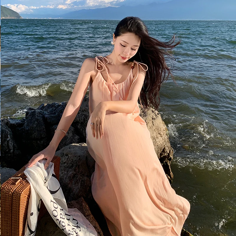 Fan Bingbing Xiaohongshu Same Style Orange Brightening French Strapless Low-Cut Backless Vacation Long Dress Summer