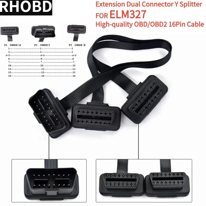 High-quality 30CM OBDII Extension Dual Connector Y Splitter OBD2 16PIN Male to Female Connection Flat+Thin Noodle ELM327 Tools