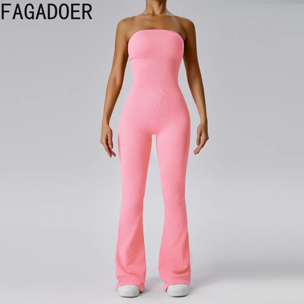 FAGADOER Sexy Strapless Flare Jumpsuit for Women Ribbed Bodycon One Piece High Waist Bell Bottom Stretch Slim Fit Club Outfit