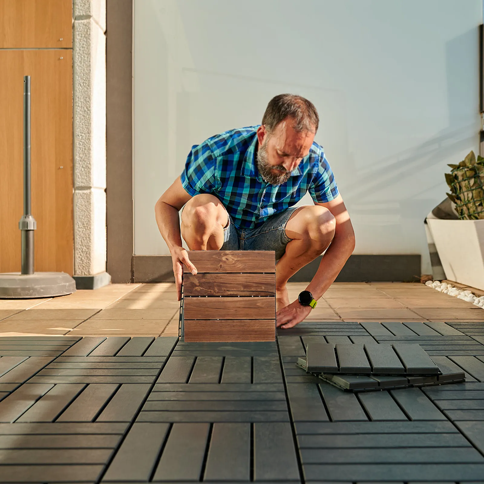2Pcs Outdoor Anticorrosive Wood Floor Tiles Easy Install Waterproof Decking Balcony Patio Garden Flooring Natural Interlocking