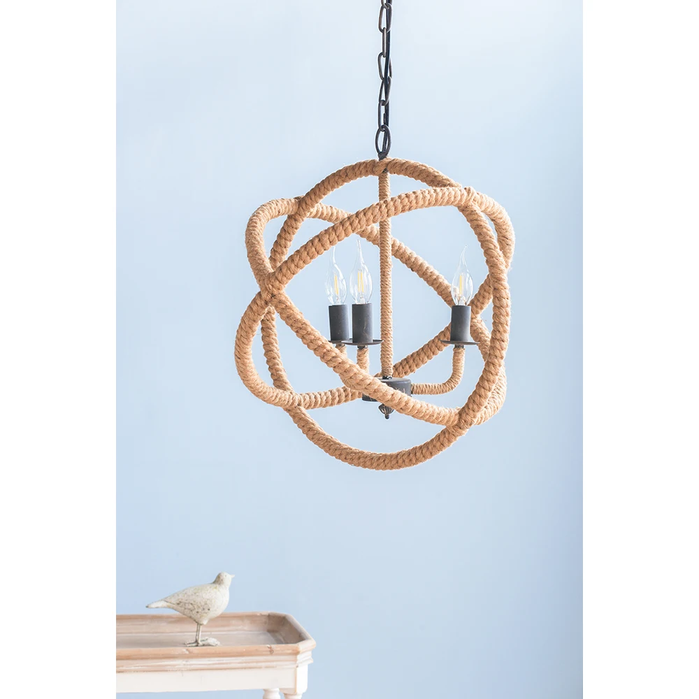 3- Light Farmhouse Chandelier, Rope Chandelier Globe Hanging Light Fixture with with Adjustable Chain