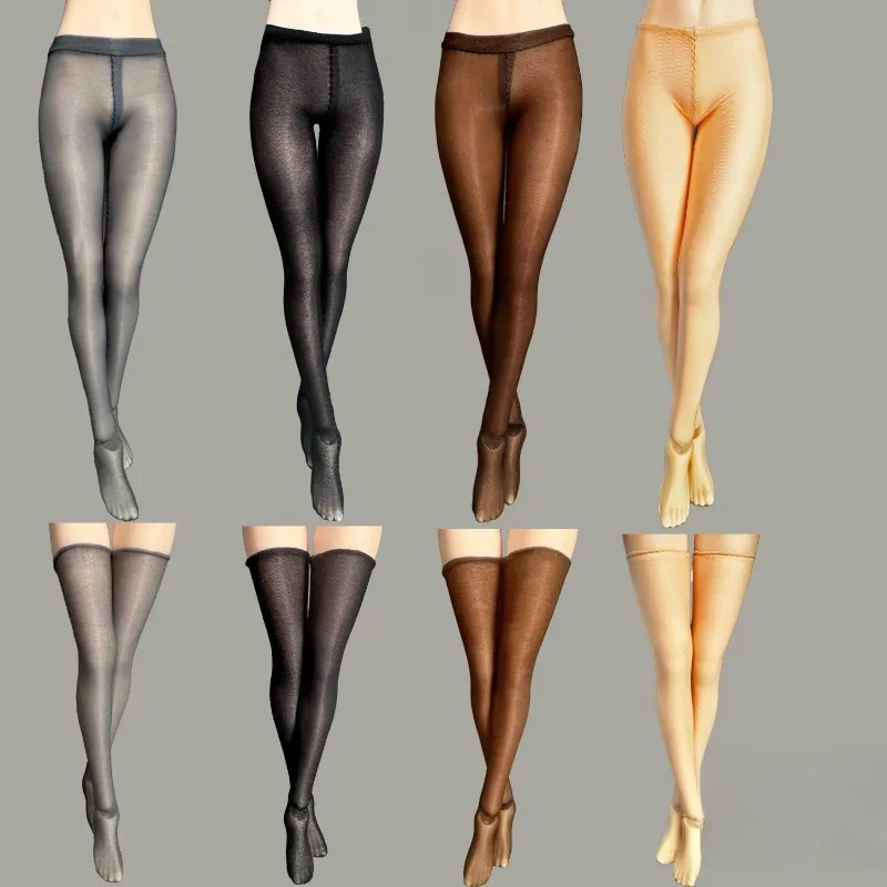 1/6 Scale Shiny Black High Top Silk Stockings Ultra-thin Transparent Jumpsuit Non Staining for 12