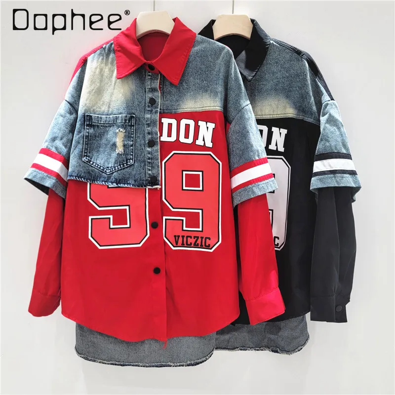 

American Retro Denim Spliced Shirt Jacket Women 2025 Spring Autumn New Fashion Trend Print Loose Versatile Jacket Long Sleeve