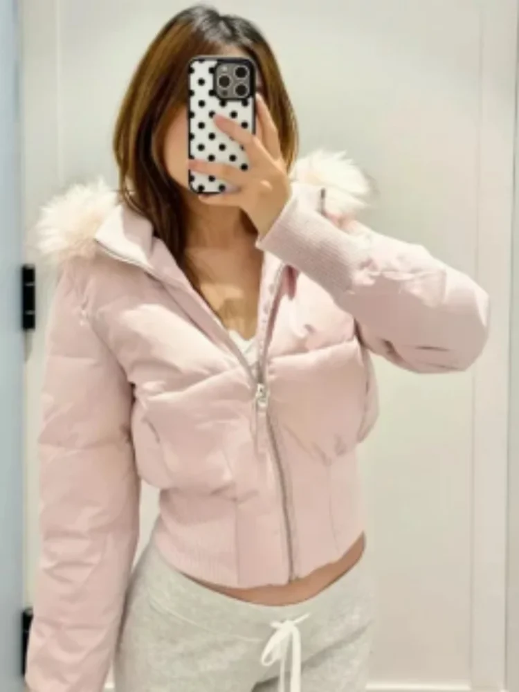 Women Cropped Fur Collar Hooded Parka Autumn Winter Thick Cotton Padded Slim Waist Zip Bubble Puffer Coat Streetwear Outerwear