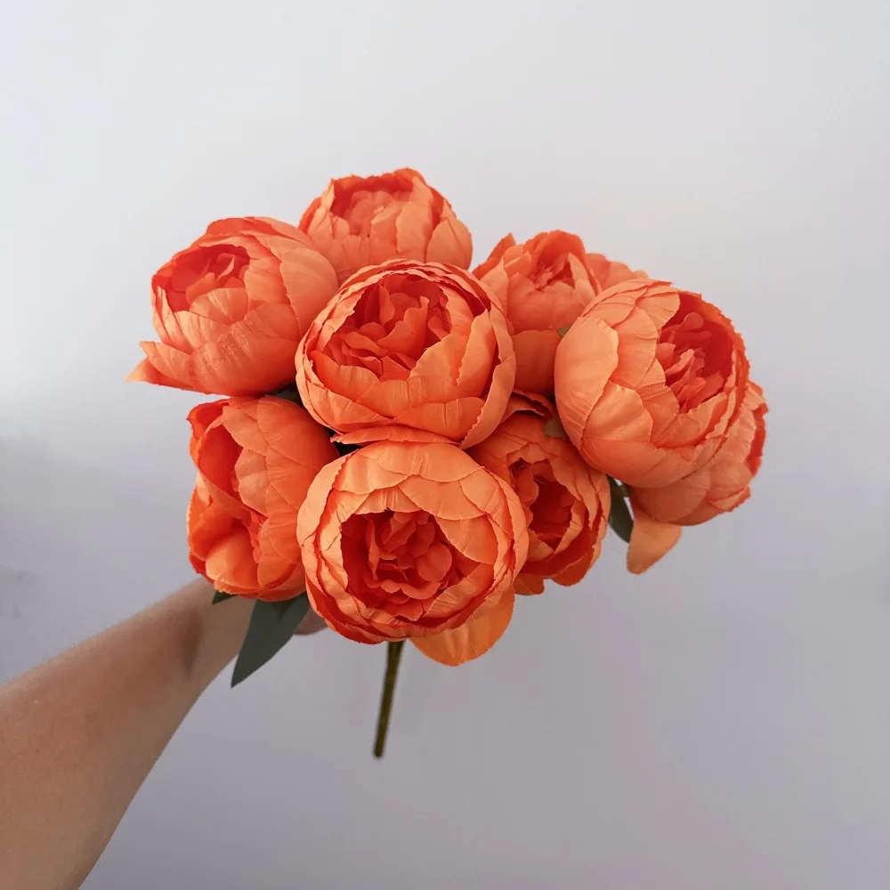 Ramo de penoy de seda nuevo, flores de simulación, ramo de novia naranja, flor Artificial para boda, sala de estar, decoración de jarrón de Hotel