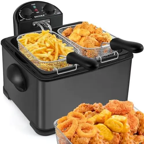 

Электрическая фритюрница Secura 4L 1700W из нержавеющей стали с таймером и тремя корзинами, черная