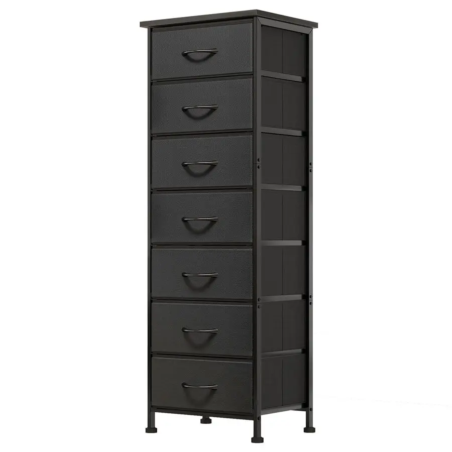 Bedroom Black Dresser 11.8"D x 15.7"W x 47.5"H Tall Skinny Narrow Storage 7 Fabric Drawers Organizer Nightstand