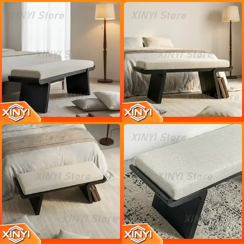 Medieval Villa Bedroom Stool Furniture Wabi Wind Bed Tail Black Bench Living Room Sofa Chair for Elm Solid Wood