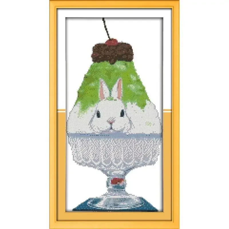 Joy Sunday Pre-printed Cross Stitch Kit  Easy Pattern Aida  Stamped Fabric Embroidery Set-The Rabbit Ice Cream