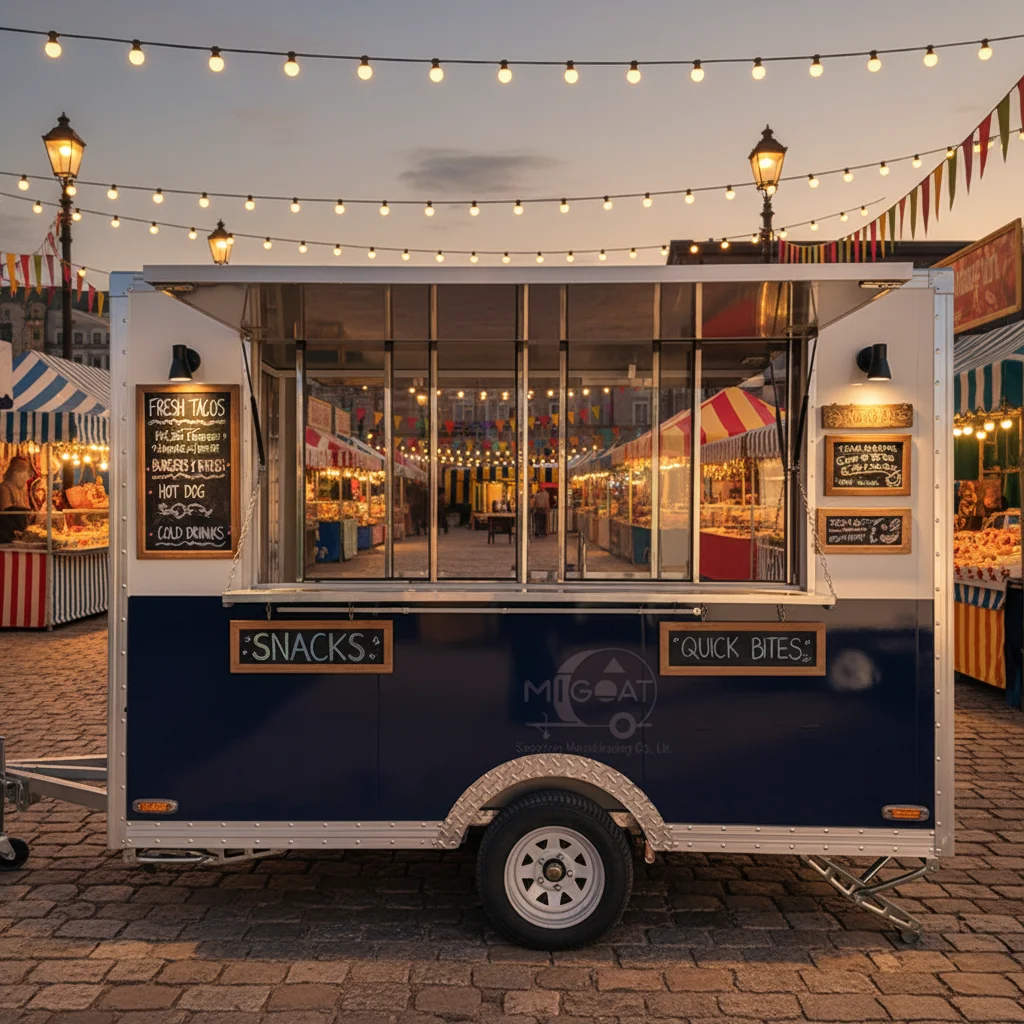 

Navy White Mobile Food Trailer with 2 Shelves Stainless Steel Fiberglass Countertop Built-In Power Rust Resistant for Snack Food